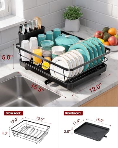 Sakugi Dish Drying Rack - Compact Dish Racks with Drain Board for Kitchen Counter, Durable Stainless Steel Dish Rack Used in Sink & on Countertop, Dark Black, Large — view 4