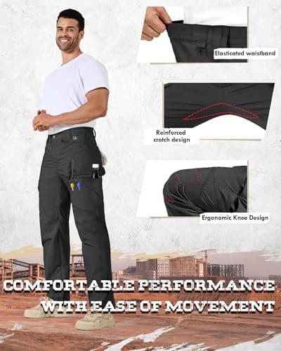 IGOLUMEN Work Pants for Men Stretch Tactical Pants with 11 Pockets Ripstop Cargo Pant Construction Utility Trouser Hiking EDC, Black — view 4
