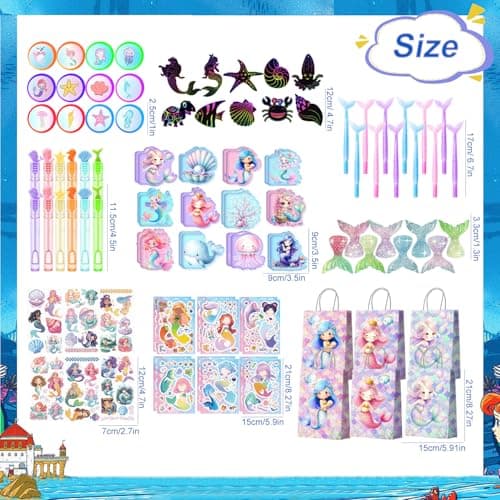 Mermaid Birthday Party Favors Bags Fillers, 108pcs Mermaid Goodie Bags Scratch Painting Bubbles Mini Notebooks Temporary Tattoo etc Mermaid Party Decorations Supplies — view 2