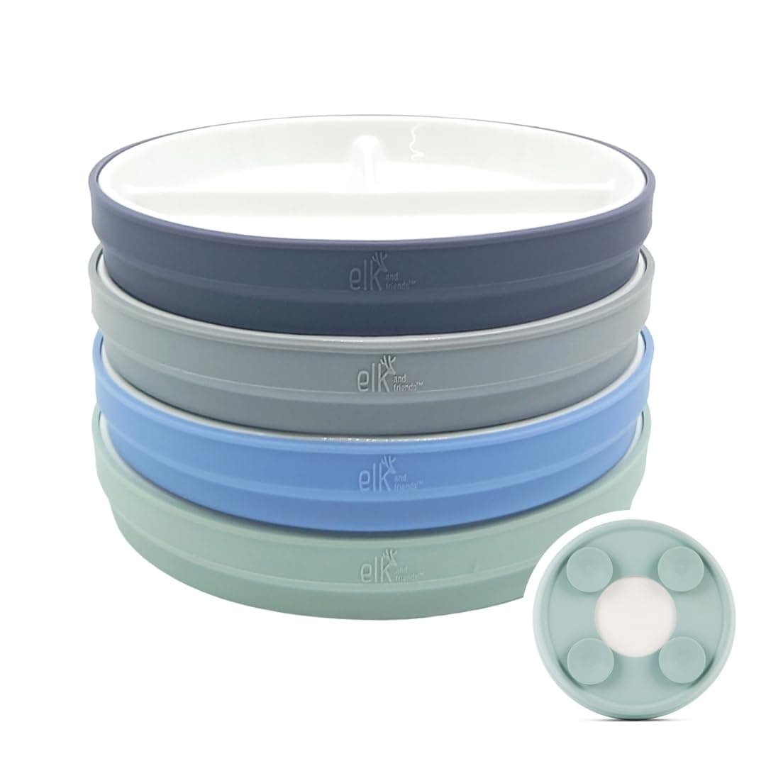 Elk and Friends Kids 6.7” Porcelain White Divided Plates with Silicone Sleeves | Suitable for Babies/Toddlers | Microwave & Dishwasher Safe | Non Slip Dinnerware | Snack Dishes | 4 Pack — view 16