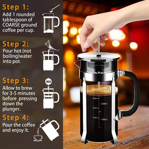 YMMIND French Press Coffee Maker 304 Stainless Steel Coffee Press,with 4 Filters System, Heat Resistant Thickness Borosilicate French Press Glass, BPA-Free Brewed Tea Pot Coffee Plunger(Copper 12oz) — view 4