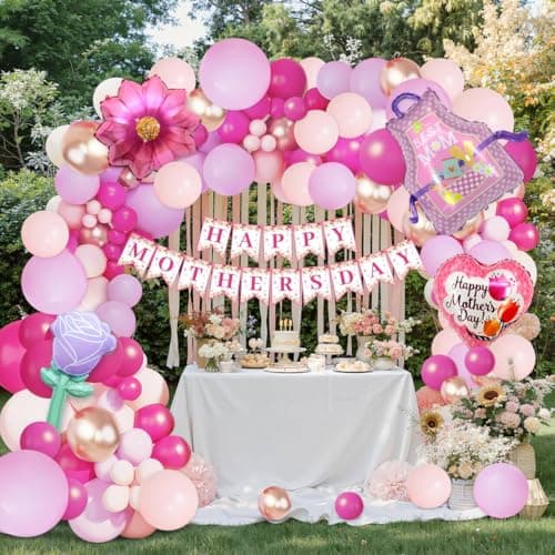 112PCS Mother's Day Balloons Arch Garland Kit Mothers Day Decorations Foil Mothers Day Balloon Flower Best Mom Balloon Latex Hot Pink Rose Gold Pink Balloons Happy Mother's Day Banner Birthday Decor — view 2