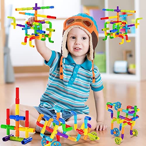 burgkidz STEM Learning Pipe Tube Toy, Sensory Toys, Tube Locks Construction Building Blocks, Educational STEM Building Learning Toys with Wheels Baseplate for All Ages Kids Boys Girls, 188 Pcs — view 3