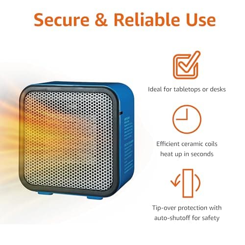 Amazon Basics Ceramic Portable Mini Space Heater for Office Desk, Fast Heating, Efficient, Indoor Use, 500W, With Tip-Over Protection, Lightweight 1.4 lbs, Blue, 5.9 x 3.2 x 6 inches