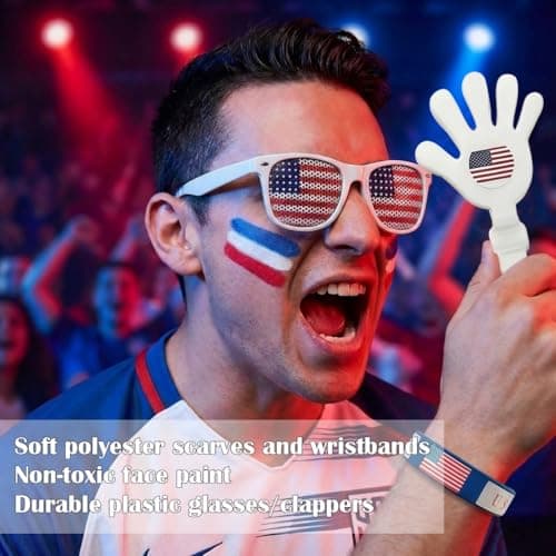 2026 World Cup Merch Soccer Fan Kit 6Pcs USA Soccer Fan Gear Set with American Flag, Glasses, Face Paint, Wristband, Clappers, Scarf - for Stadiums, Watch Parties, Patriotic Day 250 Anniversary — view 4