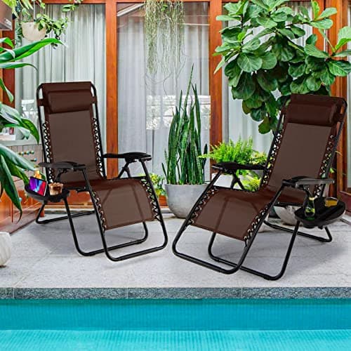 Goplus Zero Gravity Lounge Chairs, 160°Adjustable Folding Recliner w/Pillow and Cup Holder, 350LBS Comfy Outdoor Lounge Chairs for Patio, Lawn, Yard & Camp(1, Brown)