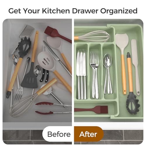 ukeetap Extra Large Expandable Silverware Organizer, BPA-Free Food-Safe Cutlery Flatware Organizer, Kitchen Utensil Drawer Organizer, Adjustable Silverware Holder for Spoons Forks Knives, Green — view 5