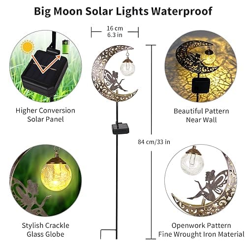 Solar Garden Lights Outdoor Decor,Moon Fairy Crackle Glass Lights,Waterproof Warm White LED Metal Stake Ornament,for Walkway Backyard Patio Lawn Pathway Decorations-Unique Gift Ideas for Gardening — view 2