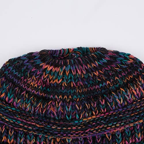 C.C Soft Stretch Cable Knit Messy Bun Ponytail Beanie Winter Hat (MB-816A) (Black Multi(32)) — view 3