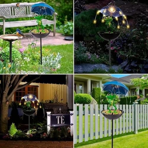 Solar Bird Feeder 34 inch Funny Frog Garden Decor Holding Umbrella Solar Lights with Stake Decorative Bird Feeders for Outdoors Path Yard, Pet Decors — view 5