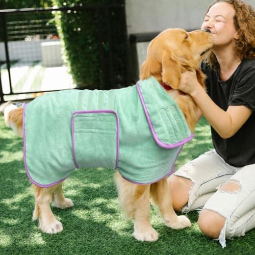 Soft Dog Bathrobe Fast Drying Dog Coat, Super Absorbent Dog Towels for After Bath, Microfiber Pet Robe Adjustable Collar & Belly Warm Keeping Dogs Coat for Pet Dogs & Cats (Green, X-Large) — view 4