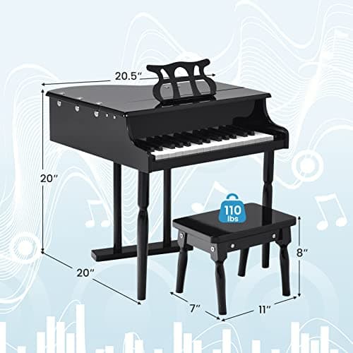 Goplus 30-Key Classical Kids Piano, Mini Grand Piano Wooden Learn-to-Play Musical Instrument Toy with Bench, Piano Lid, Music Rack, Gift for Boys Girls Aged 2+ Baby Toddler(3 Straight Leg-Black) — view 4
