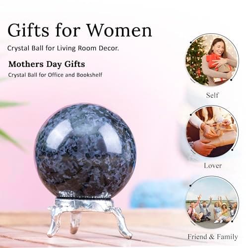 Crocon® 45mm Indigo Gabbro Stone Sphere Ball with Metal Stand 1400+ Carats Gemstone Ball Healing Sculpture Figurine for Fengshui Divination Home Decoration Photography Crystal Sphere — view 5