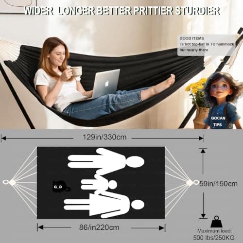 GOCAN Hammock Outdoor 2 People 220x150cm Total Length 330cm Load 300kg Canvas Cotton Hammock for Garden Indoor Children Balcony Dark Gray XXL — view 2