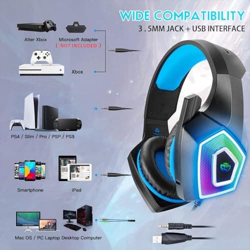 Gaming Headset with Mic for Xbox One PS4 PC Switch Tablet Smartphone, Headphones Stereo Over Ear Bass 3.5mm Microphone Noise Canceling 7 LED Light Soft Memory Earmuffs(Free Adapter) — view 3