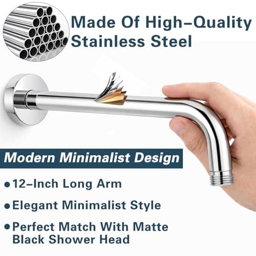 12 Inch Shower Arm with Flange, Wall Mount 90 Degree Shower Head Extension Arm, Stainless Steel Shower Head Arm for Fixed Shower Head & Handheld Showerhead, Brushed Chrome — view 3