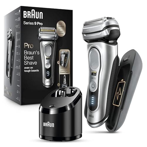 Braun Electric Razor for Men, Waterproof Foil Shaver, Series 9 Pro 9477cc, Wet & Dry Shave, with Portable Charging Case, ProLift Beard Trimmer, 5-in-1 Cleaning & Charging SmartCare Center, Silver