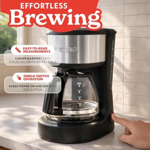 Gourmia 5 Cup One-Touch Drip Brew Coffee Maker – Pause and Serve, Automatic Keep Warm, Easy View Water Window, Compact, Stainless Steel Accents, Black — view 5