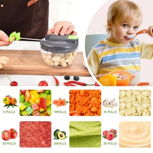 Ziweaye Manual Food Processor Vegetable Chopper, Portable Hand Pull String Garlic Mincer Onion Cutter for Veggies, Ginger, Fruits, Nuts, Herbs, etc., 500ml,（Gray-green） — view 2