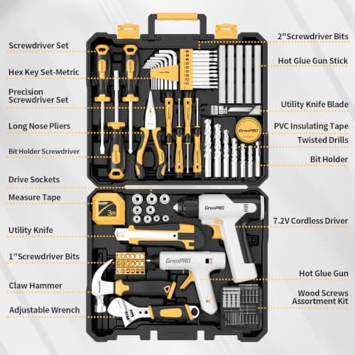GRENPRO Tool Set Drill Set, 188PCS Tool Kit For Home with Cordless Drill Power, Tool Kit for Women & Men, Basic Household Auto Repair Hand Tool Box, Glue Gun Tools Sets & Electric Drill tools for Mens