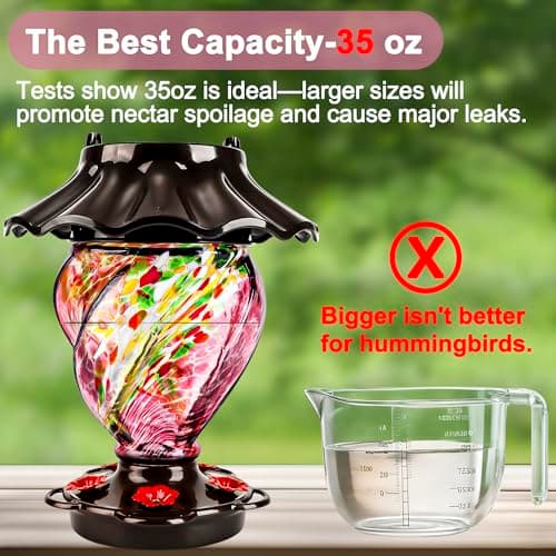 LUJII Solar Powered Hummingbird Feeder for Outside, Hand Blown Glass, 35 fl.oz, Leak-Proof & Waterproof, Metal Base, Lighted Lantern for Garden Decor, Unique Gift for Bird Lovers, Purple — view 5