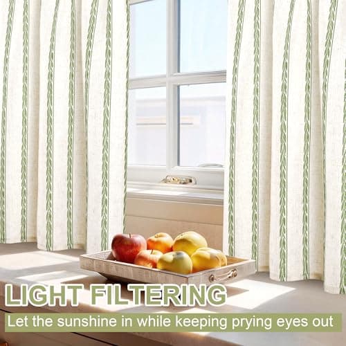 JIUZHEN Striped Linen Kitchen Curtains 2 Panels - Short Tier Drapes with Rod Pocket, Farmhouse Cafe Curtains for Small Windows 36 Inch Length, Wheat Stripe Green — view 5