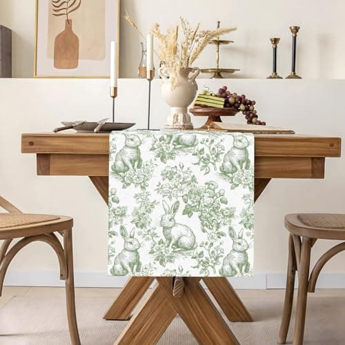 Heyfary Chinoiserie Easter Table Runner Toile de Jouy Vintage Green and White Bunny Spring Party Decoration Home Kitchen Dining Room Table Decor (Green, 13" x 72")