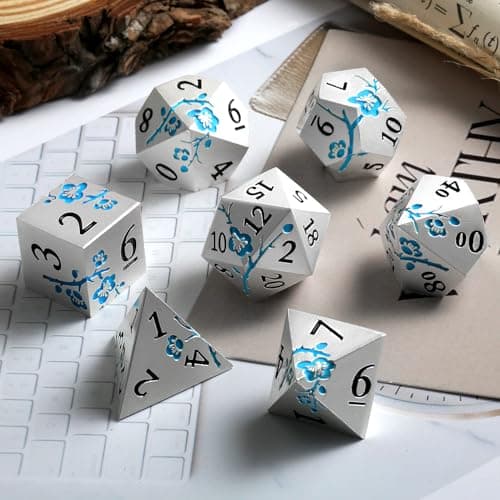 Silver Metal DND Dice Set, 7PCS D&D Metal Dice with Metal Case for Dungeons and Dragons, Shadowrun, Pathfinder, Savage World and Table Games (Glow in The Dark Blue) — view 6