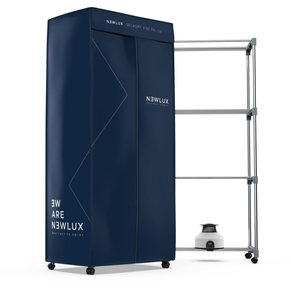 Newlux - Secadora de Ropa Eléctrica Portátil Secadry Azul con Luz UV para Desinfectar. Capacidad 15Kg, Temp. 180min, 4 Niveles. Secadora por Ventilación (1200W) 3 en 1. Ideal como Armario y Tendedero