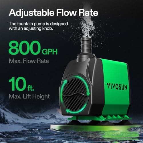 VIVOSUN 800GPH Submersible Pump(3000L/H, 50W), Ultra Quiet Water Pump with 10ft High Lift, Fountain Pump with 5ft Power Cord, 3 Nozzles for Fish Tank, Pond, Aquarium, Statuary, Hydroponics