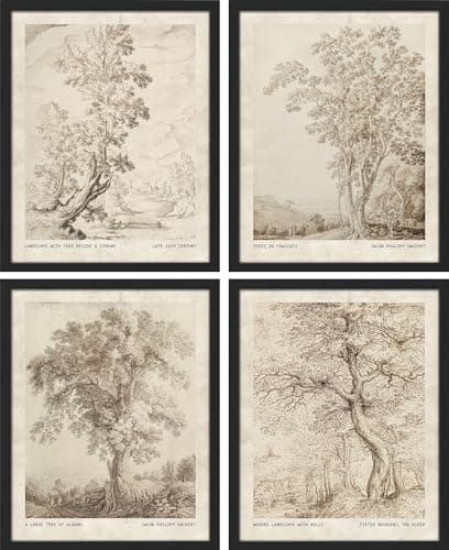 SIGNWIN Framed Poster Vintage Landscape Sketch Antique Tree Wilderness Nature Illustrations Fine Art Decorative Country/Farmhouse Vintage for Living Room, Bedroom, Office - 12"x16"x 4 Black