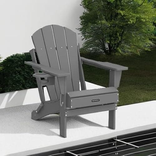 MUCHENGHY Folding Adirondack Chairs, Patio Chairs, Lawn Chairs, Outdoor Chair, Adirondack Chair Plastic, Fire Pit, Weather Resistant with Cup Holder for Deck, Backyard, Garden(Gray) — view 5