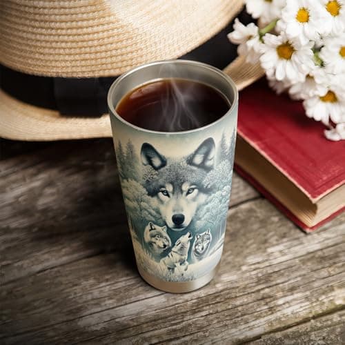 64HYDRO 20oz Snow Wolf Tumbler, Gifts for Wolves Lovers, Coffee Tumbler for Men, Women, Stainless Steel Double Wall Vacuum Insulated Coffee Mug, Travel Cup with Lid — view 3