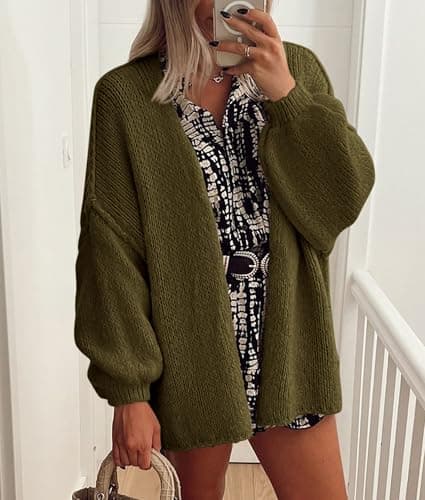 PRETTYGARDEN Womens Oversized Cardigan Sweaters 2026 Fall Long Lantern Sleeve Knit Open Front Lightweight Sweater (Army Green,Small) — view 3
