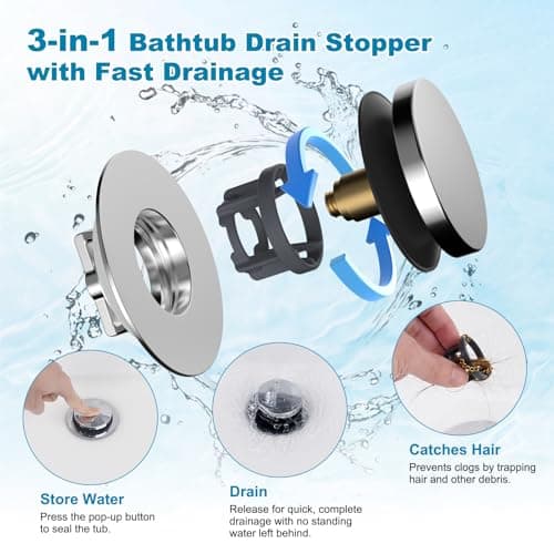 Hibbent 3 in 1 Metal Bathtub Drain Stopper, Universal Pop Up Tub Stopper, Bathtub Drain Hair Catcher, Removable Filter Basket, Anti-Clogging Drain Plug for 1.5''~2.4'' Drain, Brass Bullet Core, Chrome