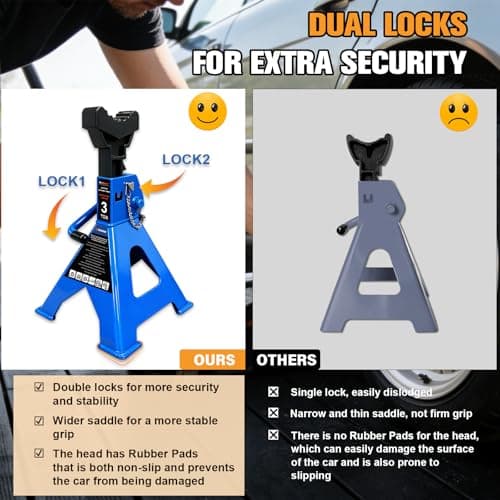 3 Ton Jack Stands Heavy Duty 6,600 LBs, Car Jack Stand for Trucks with Double Pin Locking & Extra Rubber Pads, 11.3"-16.5" Adjustable for Garage, Home,DIY Vehicle Lifting, 1 Pair Blue — view 6