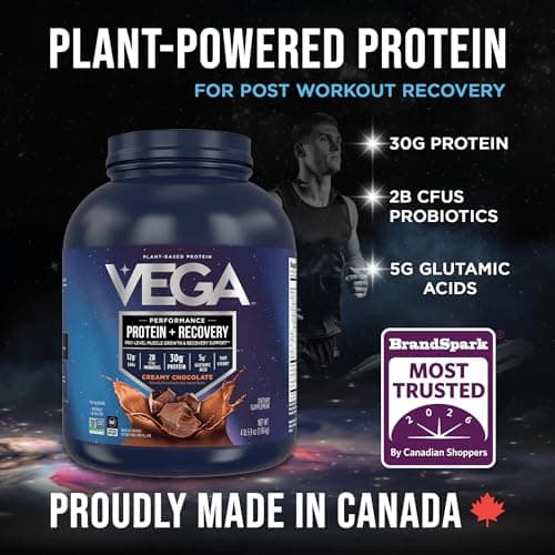 Vega Protein + Recovery, Chocolate – 30g Vegan Protein, Dairy & Gluten Free, Probiotics, NSF Certified, 1.98 kg (45 Servings)