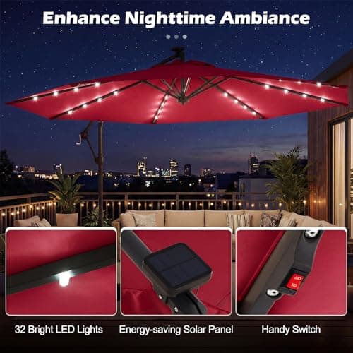Tangkula 10ft Solar Patio Umbrella with Base Included, Offset Cantilever Outdoor Umbrella with 32 LED Lights, Infinite Tilt, 360 Degree Rotation, Crank Handle for Pool Deck Garden Backyard (Wine) — view 2