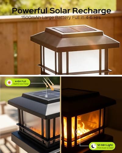 FIONSUN Solar Flame Post Lights Outdoor, Solar Powered Fence Post Cap Lights, High Brightness Flickering Flame SMD LED Lighting Decor for Garden Deck Patio (4 Pack) — view 2