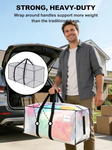 HOMESURE 8 Pack Large Strong Moving Bags with Zippers & Carrying Handles - Water-Resistant - Heavy Duty Tote for Space Saving Storage, Fold Flat, Alternative to Moving Box (Clear)