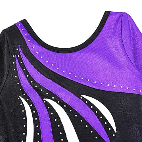 Gymnastics Leotards for Girls Long Sleeve Biketards Dance Unitards 3-12Y, Sleeved Black Purple, 8-9 Years — view 2