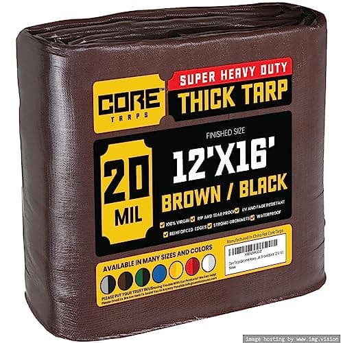 Core Tarps Extreme Heavy Duty 20 Mil Tarp Cover, Waterproof, UV Resistant, Rip and Tear Proof, Poly Tarpaulin with Reinforced Edges for Roof, Patio, Pool, Boat (Brown/Black 12′ X 16′)