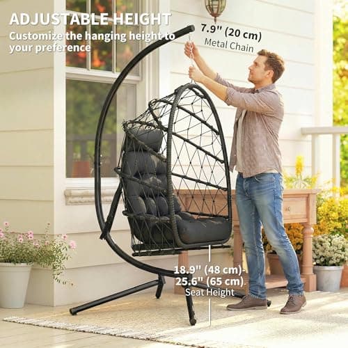 Outsunny Hanging Egg Chair with Stand, Foldable Wicker Rattan Swing Chair with Thick Cushion and Safety Rope for Patio Garden, Supports 264 lbs, Black — view 4