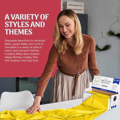 Grandipity Plastic Tablecloth Roll - 54in x 300 Ft. Yellow Plastic Table Cloths for Parties Disposable with Cutter Box - Cut to Size Disposable Tablecloth Table Cover for Rectangle & Round — view 2