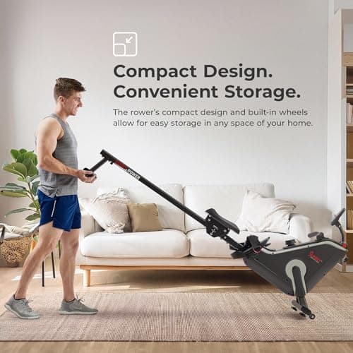 Sunny Health & Fitness Smart Compact Magnetic Rowing Machine with Stainless Steel Slide Rail – Magnetic Resistance Rower for Low-Impact Full-Body Workouts and Users up to 300 LB - SF-RW523043 — view 4