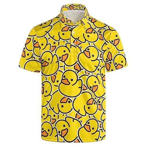 Mens 80s Golf Shirt Dry Fit Performance Short Sleeve Print Shirts Funny 90s Golf Shirts for Men, Yellow Duck, Large