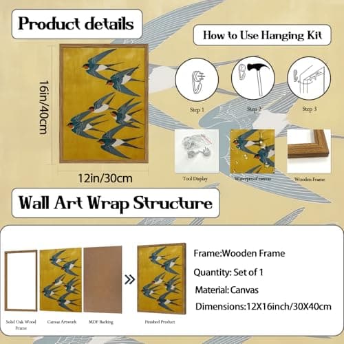 Vintage Japanese Bird Wall Art, Japan Swallow Wall Decor Painting Cottage Animal Poster Canvas Prints Picture for Bedroom Living Room Farmhouse 12x16 inch Wood Framed — view 2