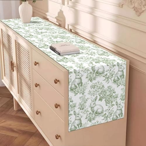 Heyfary Chinoiserie Easter Table Runner Toile de Jouy Vintage Green and White Bunny Spring Party Decoration Home Kitchen Dining Room Table Decor (Green, 13" x 72") — view 4