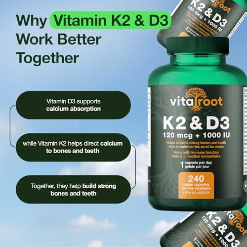 VitaRoot Vitamin D3 + K2 Supplement (8-Month Supply) – 1000 IU D3 with 120mcg K2 MK7. Vitamin D with K2 for Bone, Teeth & Immune Support. Vegan, Non-GMO, Made in Canada — view 4