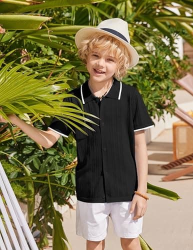 Arshiner Boys Button Down Shirt Short Sleeve Knit Shirt Summer Vintage Fashion Casual Beach Shirts for Kids 3-14 Years Black — view 3
